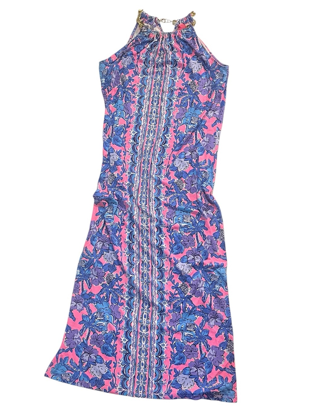 Lilly Pulitzer | Bingham Midi Dress Pink Palm Paradise Gold Halter Side Slit